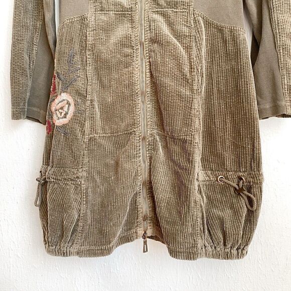 Xcvi Chapman Jacket Dress Women's Small Corduroy Olive Green Embroidered Flowers - Picture 5 of 13